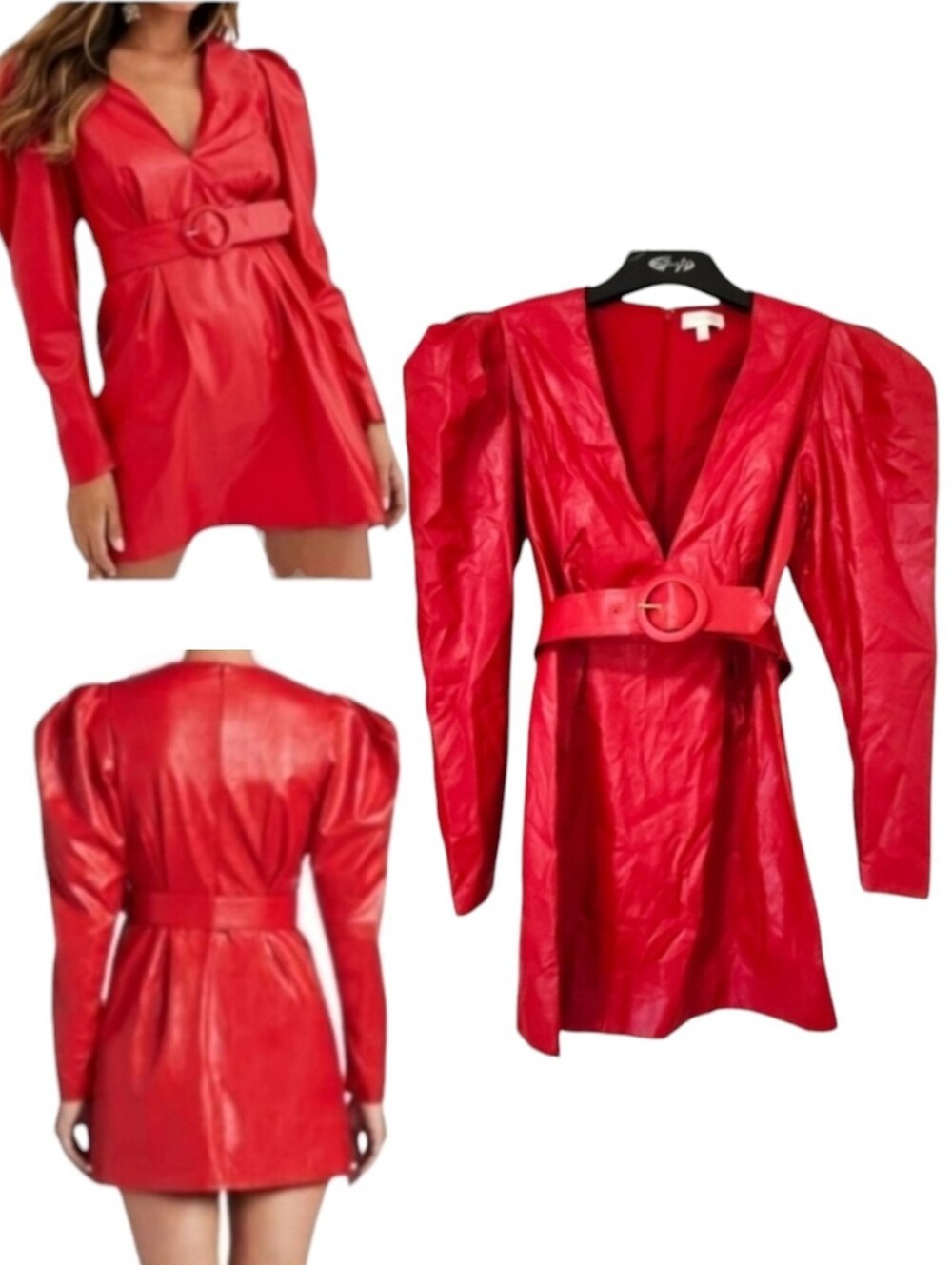 Ronny Kobo Womens Giulia Red Vegan Faux Leather Puff Sleeve Belted Mini Dress M